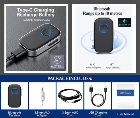 محول Aux Bluetooth 5.0 لستيريو السيارة، مكالمة حرة اليدين، سماعات رأس سلكية، صوت مكبر صوت منزلي - مستقبل موسيقى بلوتوث AUX مع وصلة مزدوجة - (ترقية GEN2 – 2021) in Kuwait