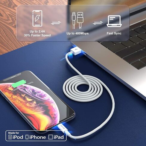 [3 عبوات] كابل شاحن Apple iPhone 12 11 بطول 10 أقدام، [معتمد من Apple MFi] سلك شحن Apple بطول 10 أقدام Lightning إلى كابل USB بطول 10 أقدام، سلك شحن سريع للهاتف iPhone 12 Pro Max/11/10/X/XR/8 in Kuwait