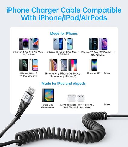 كابل شاحن iPhone ملفوف للسيارة، كابل Lightning 2 حزمة 5 أقدام، [معتمد من Apple MFi] سلك شاحن iPhone قصير متوافق مع iPhone 14/13/12/11 Pro Max/XR/8/iPad/CarPlay in Kuwait