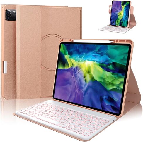 لوحة مفاتيح BOBOLEE iPad Pro 12.9 - السادس 2022-5 2021-4 2020-3rd 2018، لوحة مفاتيح لاسلكية قابلة للفصل بإضاءة خلفية BT 7 ألوان، غطاء حماية نحيف قابل للدوران 360 درجة مع حامل قلم in Kuwait