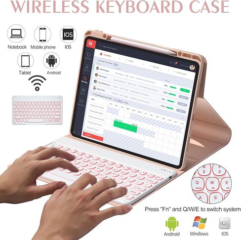 لوحة مفاتيح BOBOLEE iPad Pro 12.9 - السادس 2022-5 2021-4 2020-3rd 2018، لوحة مفاتيح لاسلكية قابلة للفصل بإضاءة خلفية BT 7 ألوان، غطاء حماية نحيف قابل للدوران 360 درجة مع حامل قلم in Kuwait