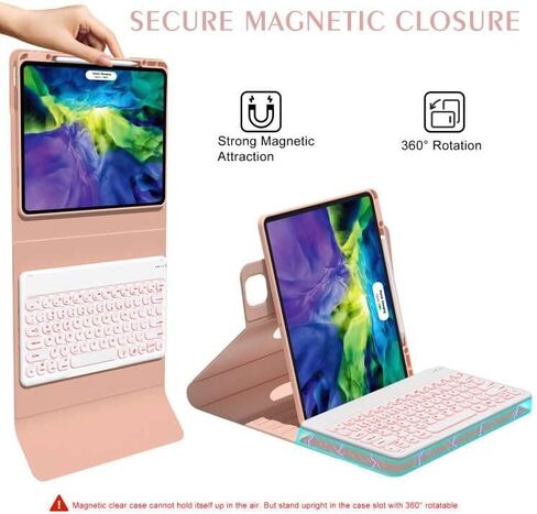 لوحة مفاتيح BOBOLEE iPad Pro 12.9 - السادس 2022-5 2021-4 2020-3rd 2018، لوحة مفاتيح لاسلكية قابلة للفصل بإضاءة خلفية BT 7 ألوان، غطاء حماية نحيف قابل للدوران 360 درجة مع حامل قلم in Kuwait