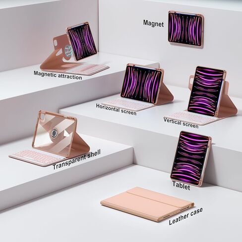 لوحة مفاتيح BOBOLEE iPad Pro 12.9 - السادس 2022-5 2021-4 2020-3rd 2018، لوحة مفاتيح لاسلكية قابلة للفصل بإضاءة خلفية BT 7 ألوان، غطاء حماية نحيف قابل للدوران 360 درجة مع حامل قلم in Kuwait