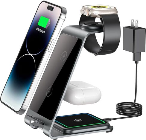 Wireless Charging Station, RR SPORTS Fast 3 in 1 Wireless Charger, Aluminum Alloy Charger Stand for iPhone 15/14/13/12/11 Pro Max/X/Xs Max,iWatch Ultra/9/8/7/6/SE/5/4/3/2,AirPods Pro 2/Pro/3/2(Grey) in Kuwait