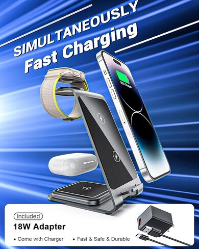 Wireless Charging Station, RR SPORTS Fast 3 in 1 Wireless Charger, Aluminum Alloy Charger Stand for iPhone 15/14/13/12/11 Pro Max/X/Xs Max,iWatch Ultra/9/8/7/6/SE/5/4/3/2,AirPods Pro 2/Pro/3/2(Grey) in Kuwait