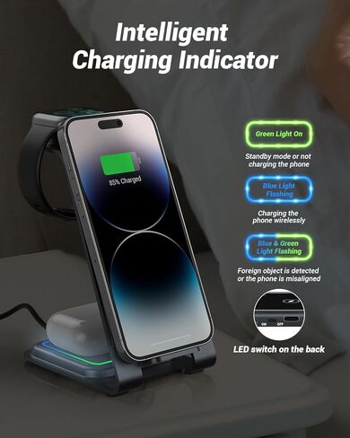 Wireless Charging Station, RR SPORTS Fast 3 in 1 Wireless Charger, Aluminum Alloy Charger Stand for iPhone 15/14/13/12/11 Pro Max/X/Xs Max,iWatch Ultra/9/8/7/6/SE/5/4/3/2,AirPods Pro 2/Pro/3/2(Grey) in Kuwait