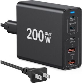 USB C Charger, 200W 5-Port USB Charging Station Hub Fast GaN Charger Power Adapter, Compatible with MacBook Pro/Air, Google Pixelbook, ThinkPad, iPhone 15/14/13/12 Series, Samsung Galaxy S23/S22