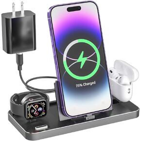 3 in 1 Charging Station for Apple, Wireless Apple Charging Station Compatible with iPhone Airpods Apple Watch Charger Station with Adapter (Black) in Saudi Arabia