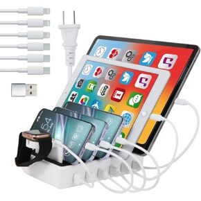 محطة شحن ZWTNBFST USB 6 منافذ مع 6 كابلات شحن منظم مكتب محطة شحن سريع 50 وات لأجهزة متعددة، متوافقة مع الهاتف المحمول والكمبيوتر اللوحي وKindle وساعة Apple وغيرها من الأجهزة الإلكترونية in Kuwait