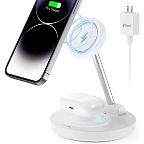 محطة شحن لاسلكية مغناطيسية لأجهزة Apple، حامل شاحن لاسلكي سريع 2 في 1 قابل للطي مع محول QC3.0، لهاتف iPhone 14 13 12 Pro Max Mini Plus، AirPods Pro/3/2، شاحن سفر Mag-Safe in Kuwait