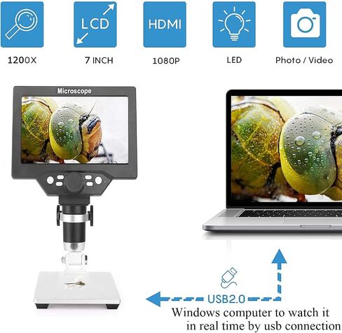 مجهر رقمي Amoper LCD مع بطاقة SD سعة 16 جيجابايت، وشاشة LCD مقاس 7 بوصات مجهر فيديو بدقة 1080 بكسل، وتركيز فائق الدقة بدقة 12 ميجابكسل مع بطارية قابلة لإعادة الشحن، و8 مصابيح لحام عملات إصلاح لوحة دوائر PCB in Kuwait