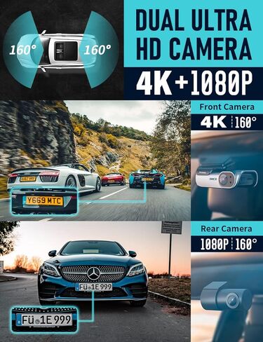 Dash Cam Front and Rear, 4K / 1080P HD Dual Dash Camera for Cars with Free 64GB TF Card, 5GHz WiFi, Super Night Vision, Supercapacitor, 160° Wide Angle, 24H Parking Mode, App Control, Type C Port in Kuwait