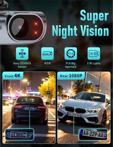 Dash Cam Front and Rear, 4K / 1080P HD Dual Dash Camera for Cars with Free 64GB TF Card, 5GHz WiFi, Super Night Vision, Supercapacitor, 160° Wide Angle, 24H Parking Mode, App Control, Type C Port in Kuwait