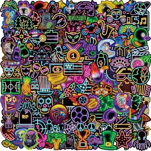 LOVELYLIFE 200pcs Neon Light Stickers Cool Neon Motivational Stickers Vinyl Waterproof Rave Stickers for Kids Teens Adults for Journaling Hydroflask Water Bottle Luggage Skateboard Bumper Computer Laptop Phone Case Stickers and Decals Decor (colorful-neon in Kuwait