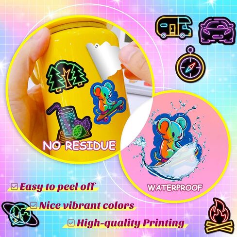 LOVELYLIFE 200pcs Neon Light Stickers Cool Neon Motivational Stickers Vinyl Waterproof Rave Stickers for Kids Teens Adults for Journaling Hydroflask Water Bottle Luggage Skateboard Bumper Computer Laptop Phone Case Stickers and Decals Decor (colorful-neon in Kuwait