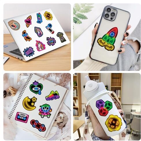LOVELYLIFE 200pcs Neon Light Stickers Cool Neon Motivational Stickers Vinyl Waterproof Rave Stickers for Kids Teens Adults for Journaling Hydroflask Water Bottle Luggage Skateboard Bumper Computer Laptop Phone Case Stickers and Decals Decor (colorful-neon in Kuwait
