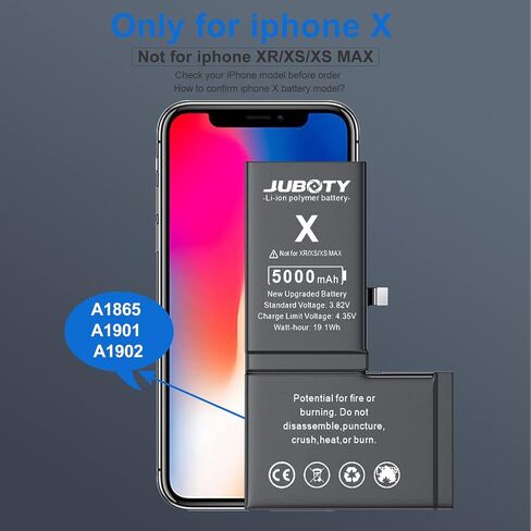 بطارية JUBOTY لهاتف iPhone X 5000 مللي أمبير في الساعة، بطارية ليثيوم أيون داخلية جديدة مطورة 0 دورة عالية السعة بديلة لهاتف iPhone X Model A1865 A1901 A1902 مع مجموعة أدوات إصلاح احترافية كاملة in Kuwait