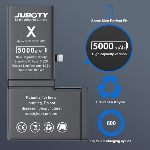 بطارية JUBOTY لهاتف iPhone X 5000 مللي أمبير في الساعة، بطارية ليثيوم أيون داخلية جديدة مطورة 0 دورة عالية السعة بديلة لهاتف iPhone X Model A1865 A1901 A1902 مع مجموعة أدوات إصلاح احترافية كاملة in Kuwait