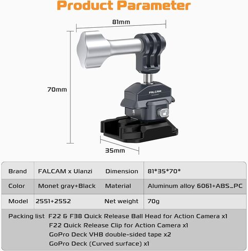 ULANZI Falcam F22 Quick Release Kit for Action Camera and DJI OSMO - Aluminum Action Camera Mounting Adapter Convert to F22 QR System with 1/4" Thread for Tripods, Selfie Sticks, Vlogging Accessories in Kuwait