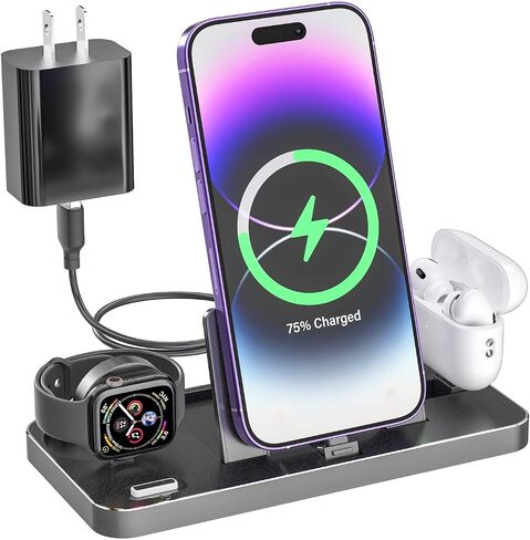 محطة شحن 3 في 1 لأجهزة Apple، محطة شحن Apple لاسلكية متوافقة مع iPhone Airpods Apple Watch مع محول (أسود) in Saudi Arabia