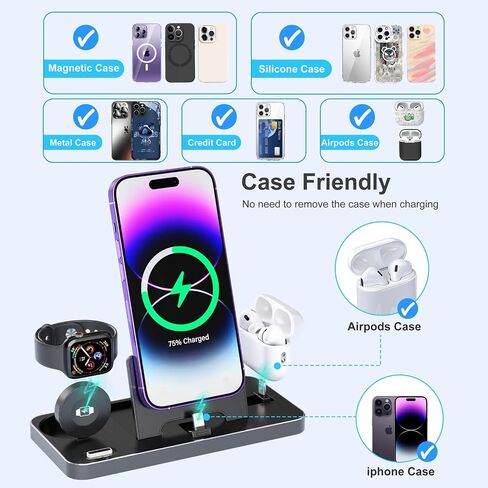 محطة شحن 3 في 1 لأجهزة Apple، محطة شحن Apple لاسلكية متوافقة مع iPhone Airpods Apple Watch مع محول (أسود) in Saudi Arabia