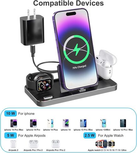 محطة شحن 3 في 1 لأجهزة Apple، محطة شحن Apple لاسلكية متوافقة مع iPhone Airpods Apple Watch مع محول (أسود) in Saudi Arabia