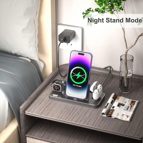 محطة شحن 3 في 1 لأجهزة Apple، محطة شحن Apple لاسلكية متوافقة مع iPhone Airpods Apple Watch مع محول (أسود) in Saudi Arabia