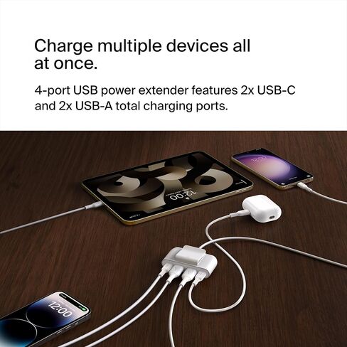 بلكن موسع طاقة USB بـ4 منافذ من بوست تشارج لاجهزة ابل ايفون وايباد وسامسونج جالكسي - متوافق مع وصلات USB-C وUSB-A - ابيض in Saudi Arabia
