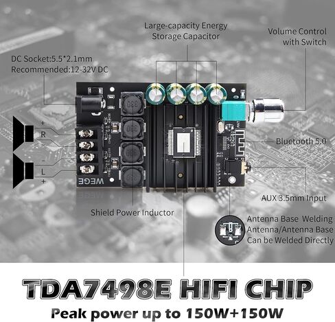 ZK-XPS 150W+150W لوحة مضخم طاقة بلوتوث مع شريحة TDA7498E 2.0 قناة، وحدة مضخم طاقة الصوت DC12-32V لمكبر صوت بلوتوث DIY in Kuwait
