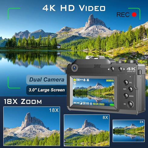 كاميرا رقمية 4K، صور فيديو بدقة 48 ميجابكسل فائقة الدقة 4K، كاميرا بعدسة مزدوجة، تكبير رقمي 18x، كاميرا تركيز تلقائي للتصوير الفوتوغرافي، مع WiFi وبطاقة SD، وكاميرا تسجيل فيديو لليوتيوب in Kuwait