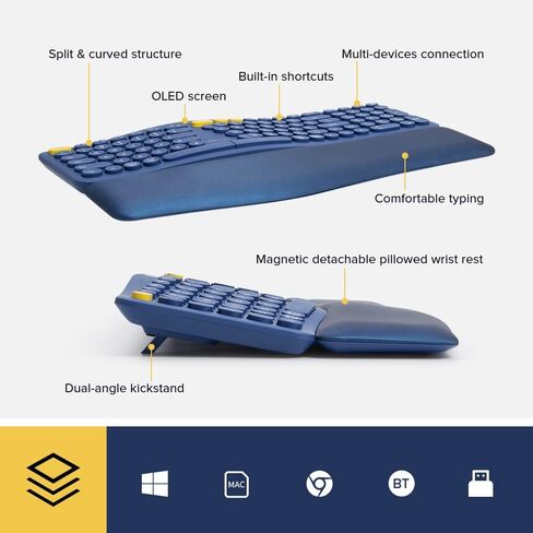 لوحة مفاتيح منفصلة مريحة لاسلكية من DeLUX مع شاشة OLED ولوحة رقمية ومسند معصم قابل للإزالة، لوحة مفاتيح متعددة الأجهزة قابلة للشحن متوافقة مع Windows وMac (GM903-Blue) in Kuwait