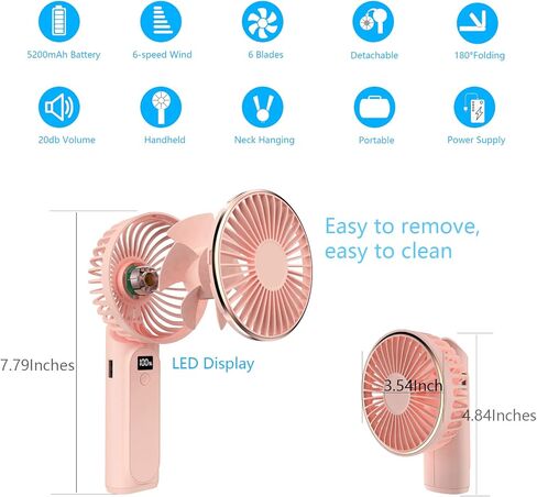 ERXUNG Portable Mini Handheld Fan with 5200mAh Batteray 6 Speed Ajustable Hand Fan, USB Rechargeable Portable Personal Fan, Foldable Small Desk Fan Pefect for Summer Outdoor in Kuwait