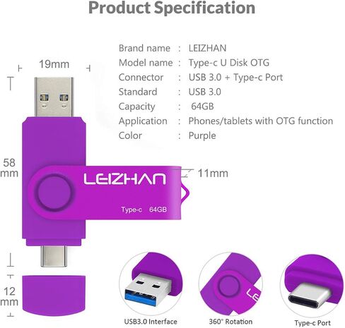 128GB USB Flash Drive USB 3.0 Type C Phone Picture Stick for Samsung Galaxy S10+, S10e, S10,S9, Note 9, S8, S8 Plus,Google Pixel XL Thumb Drive, Purple in Kuwait