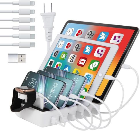 محطة شحن ZWTNBFST USB 6 منافذ مع 6 كابلات شحن منظم مكتب محطة شحن سريع 50 وات لأجهزة متعددة، متوافقة مع الهاتف المحمول والكمبيوتر اللوحي وKindle وساعة Apple وغيرها من الأجهزة الإلكترونية in Kuwait