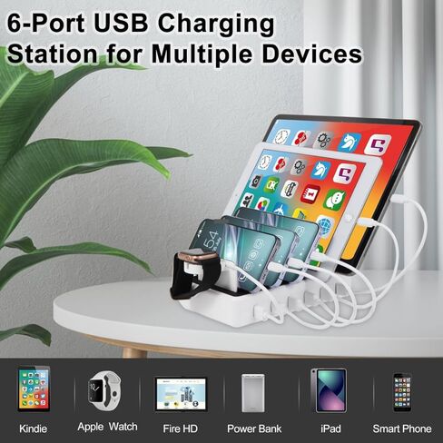 محطة شحن ZWTNBFST USB 6 منافذ مع 6 كابلات شحن منظم مكتب محطة شحن سريع 50 وات لأجهزة متعددة، متوافقة مع الهاتف المحمول والكمبيوتر اللوحي وKindle وساعة Apple وغيرها من الأجهزة الإلكترونية in Kuwait