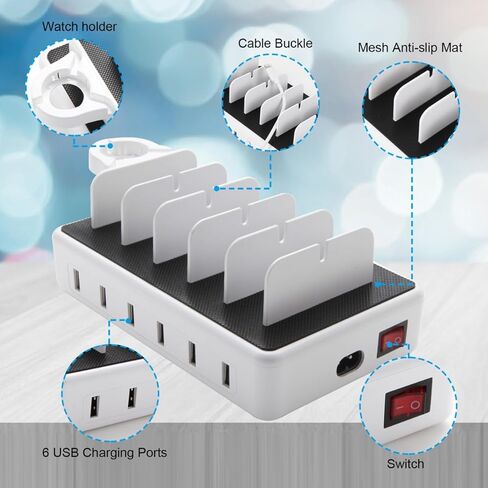 محطة شحن ZWTNBFST USB 6 منافذ مع 6 كابلات شحن منظم مكتب محطة شحن سريع 50 وات لأجهزة متعددة، متوافقة مع الهاتف المحمول والكمبيوتر اللوحي وKindle وساعة Apple وغيرها من الأجهزة الإلكترونية in Kuwait