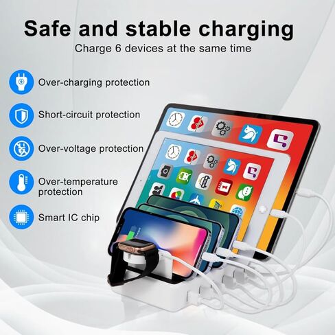 محطة شحن ZWTNBFST USB 6 منافذ مع 6 كابلات شحن منظم مكتب محطة شحن سريع 50 وات لأجهزة متعددة، متوافقة مع الهاتف المحمول والكمبيوتر اللوحي وKindle وساعة Apple وغيرها من الأجهزة الإلكترونية in Kuwait