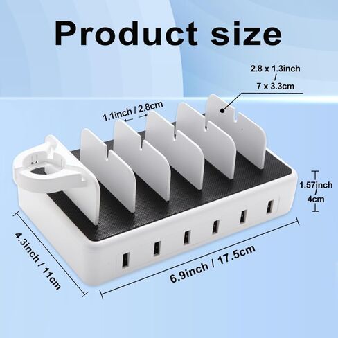 محطة شحن ZWTNBFST USB 6 منافذ مع 6 كابلات شحن منظم مكتب محطة شحن سريع 50 وات لأجهزة متعددة، متوافقة مع الهاتف المحمول والكمبيوتر اللوحي وKindle وساعة Apple وغيرها من الأجهزة الإلكترونية in Kuwait