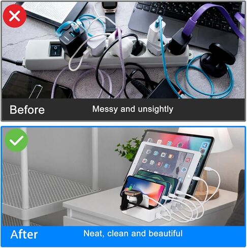محطة شحن ZWTNBFST USB 6 منافذ مع 6 كابلات شحن منظم مكتب محطة شحن سريع 50 وات لأجهزة متعددة، متوافقة مع الهاتف المحمول والكمبيوتر اللوحي وKindle وساعة Apple وغيرها من الأجهزة الإلكترونية in Kuwait