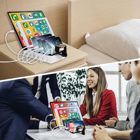 محطة شحن ZWTNBFST USB 6 منافذ مع 6 كابلات شحن منظم مكتب محطة شحن سريع 50 وات لأجهزة متعددة، متوافقة مع الهاتف المحمول والكمبيوتر اللوحي وKindle وساعة Apple وغيرها من الأجهزة الإلكترونية in Kuwait