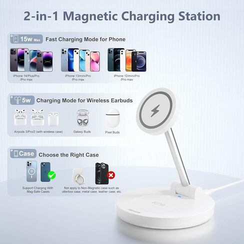 محطة شحن لاسلكية مغناطيسية لأجهزة Apple، حامل شاحن لاسلكي سريع 2 في 1 قابل للطي مع محول QC3.0، لهاتف iPhone 14 13 12 Pro Max Mini Plus، AirPods Pro/3/2، شاحن سفر Mag-Safe in Kuwait