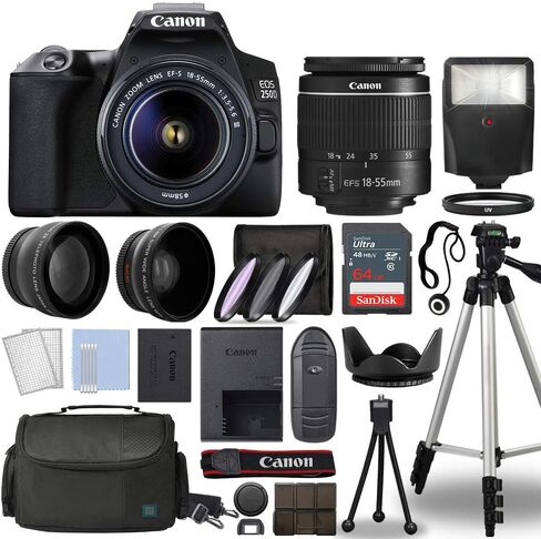 هيكل كاميرا Canon EOS 250D / Rebel SL3 الرقمية SLR مع Canon EF-S 18-55mm f/3.5-5.6 عدسة 3 عدسات DSLR مجمعة مع حزمة ملحقات كاملة + 64 جيجابايت + فلاش + حافظة والمزيد - الطراز الدولي (متجدد) in Saudi Arabia