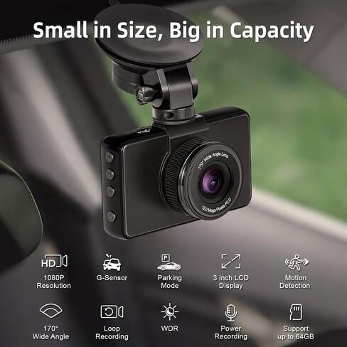 REIZIX Dash Cam 1080P Full HD، بطاقة SD 64G، كاميرا على لوحة القيادة ومسجل فيديو داشكام للسيارات مع شاشة IPS LCD مقاس 3 بوصات، رؤية ليلية، WDR، كشف الحركة، وضع انتظار السيارات، مستشعر G، زاوية واسعة 170 درجة in Saudi Arabia