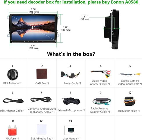Eonon CarPlay & Android Auto Car Stereo Android 10 راديو السيارة 2+32 جيجابايت، متوافق مع فولكس فاجن/سيات/سكودا، بلوتوث 5.0-9 بوصة-Q53SE in Kuwait
