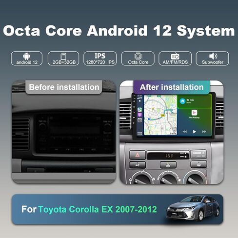 ستيريو راديو السيارة Android لسيارة Toyota Corolla EX 2007 2008 2009 2010 2011 2012 مع CarPlay اللاسلكي/Android Auto، راديو السيارة بشاشة لمس 8 Core HD مع كاميرا احتياطية AM/FM/RDS واي فاي in Kuwait