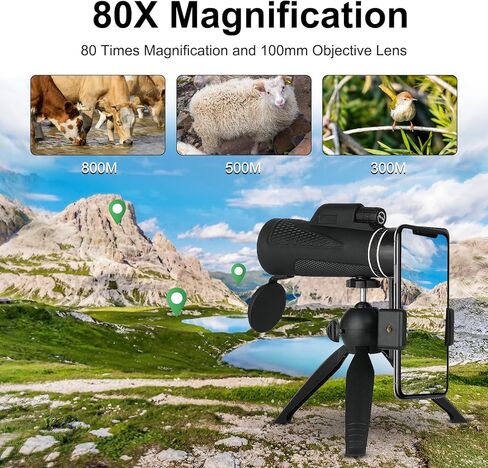 تلسكوب احادي العدسة 80x100 - تلسكوب احادي محمول للبالغين عالي الطاقة، تلسكوب محمول باليد مع حامل ثلاثي القوائم لمشاهدة الطيور والصيد والتخييم والرحلات in Kuwait