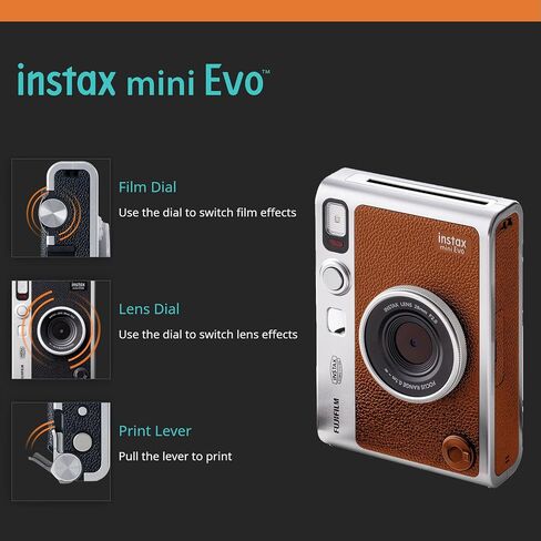 حزمة كاميرا Fujifilm Instax Mini EVO Hybrid الفورية مع حافظة متوافقة مع Fujifilm Instax Mini EVO + Fujifilm Instax Mini Twin Pack Instant Film (16437396) (بني) in Kuwait