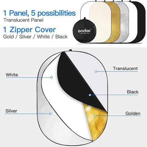Godox 23x35 in/60x90cm Light Reflector Diffuser, 5-in-1 Portable Collapsible Round Multi Disc with Holder Clip & Bag for Studio Shooting,Video Location-Gold,Silver,White,Black,Translucent in Kuwait