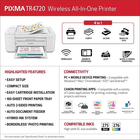 طابعة Canon PIXMA TR4720 الكل في واحد لاسلكية للاستخدام المنزلي PG-275 XL/CL-276 XL حزمة قيمة PG-275/CL-276، متوافقة مع PIXMA TS3520 in Kuwait