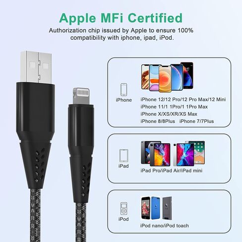 سلك شاحن iPhone طويل للغاية 20FT/6M [معتمد من Apple MFi]، كابل Lightning طويل، شاحن طويل مجدول من النايلون 2.4A لهاتف iPhone 14 13 Pro 12 11 X XS Max in Kuwait